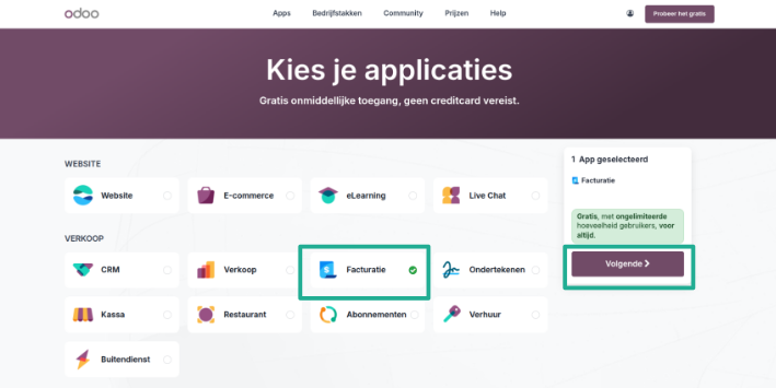 Odoo kies een applicatie pagina
