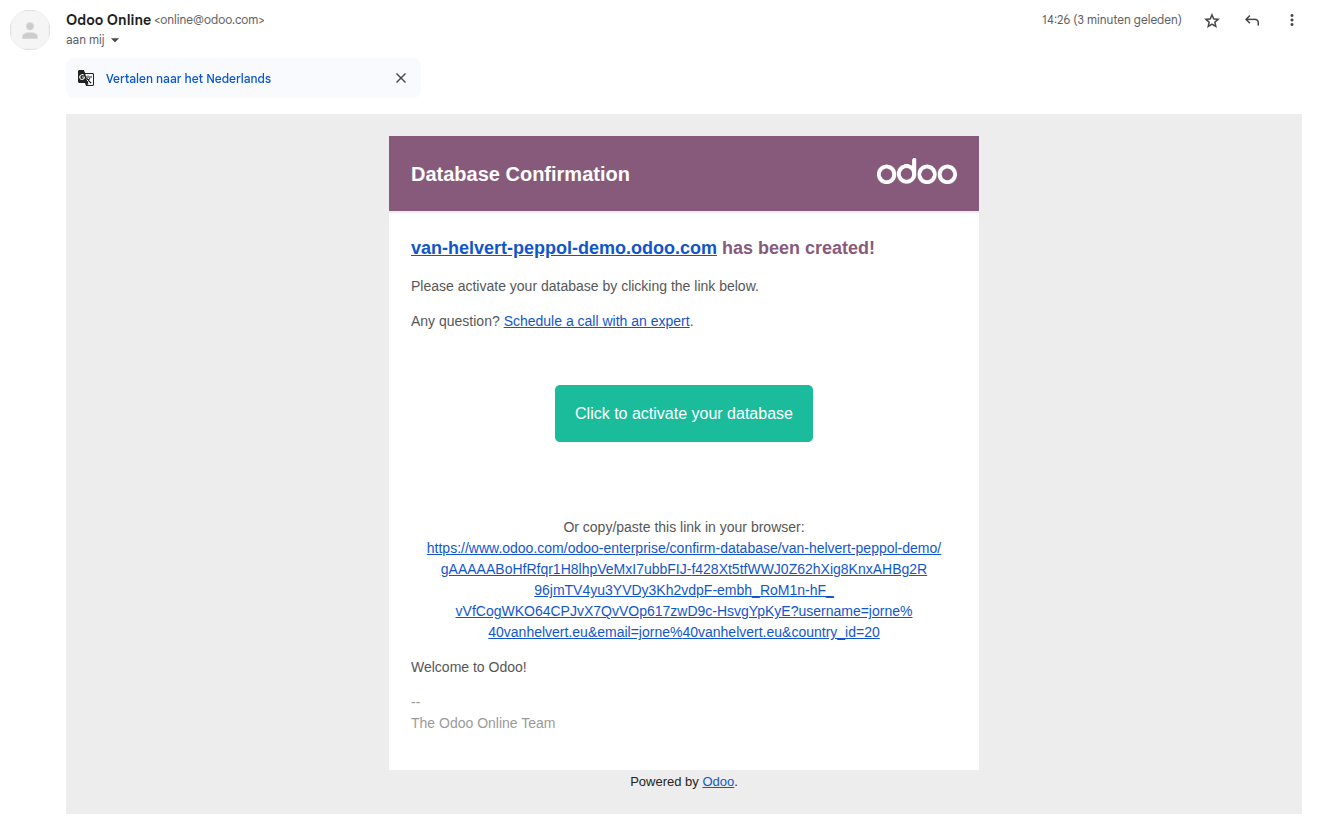 Odoo activatie e-mail