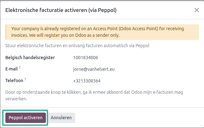 Odoo peppol configuratiescherm