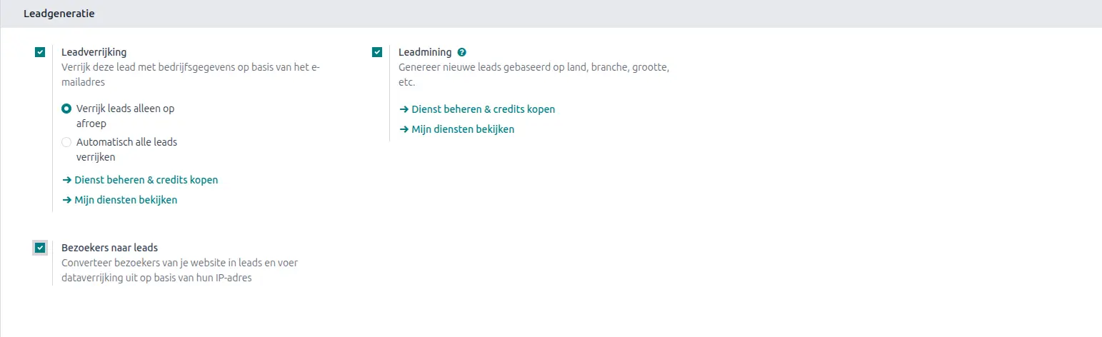 Odoo CRM app leadgeneratie instellingen