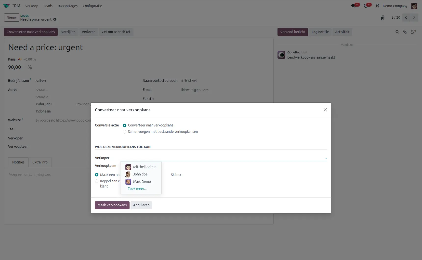 Odoo CRM app converteren naar verkoopkans