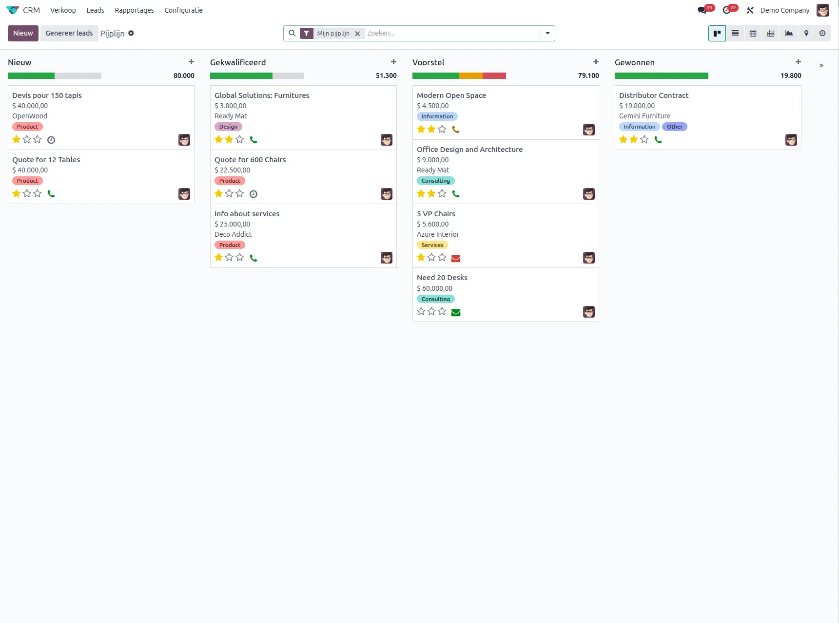Odoo CRM app pijplijn