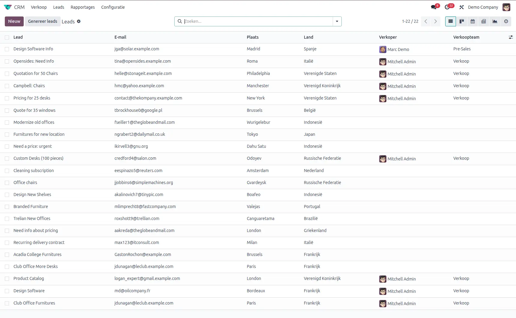 Odoo CRM app leads tab