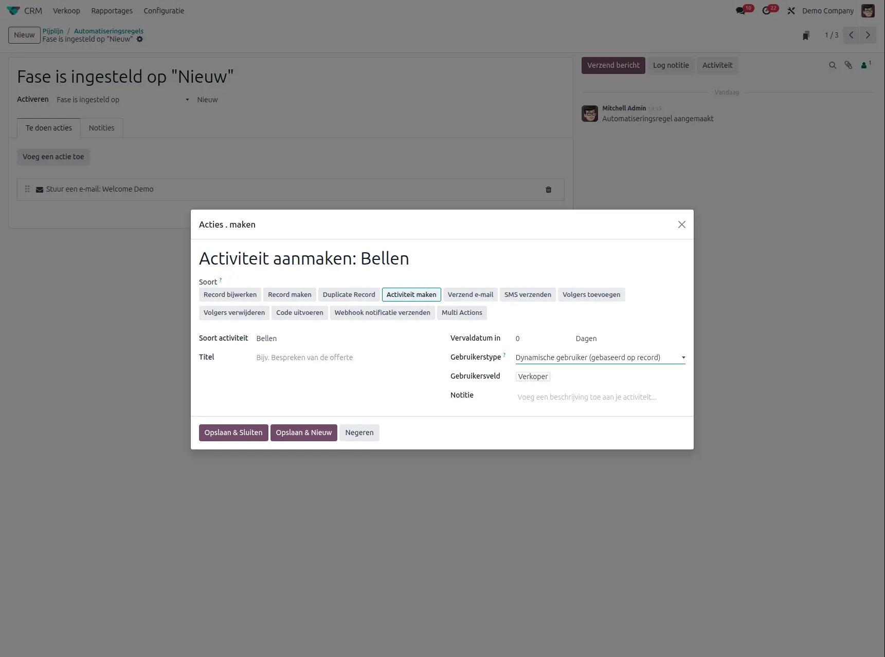 Odoo CRM app activiteit toevoegen