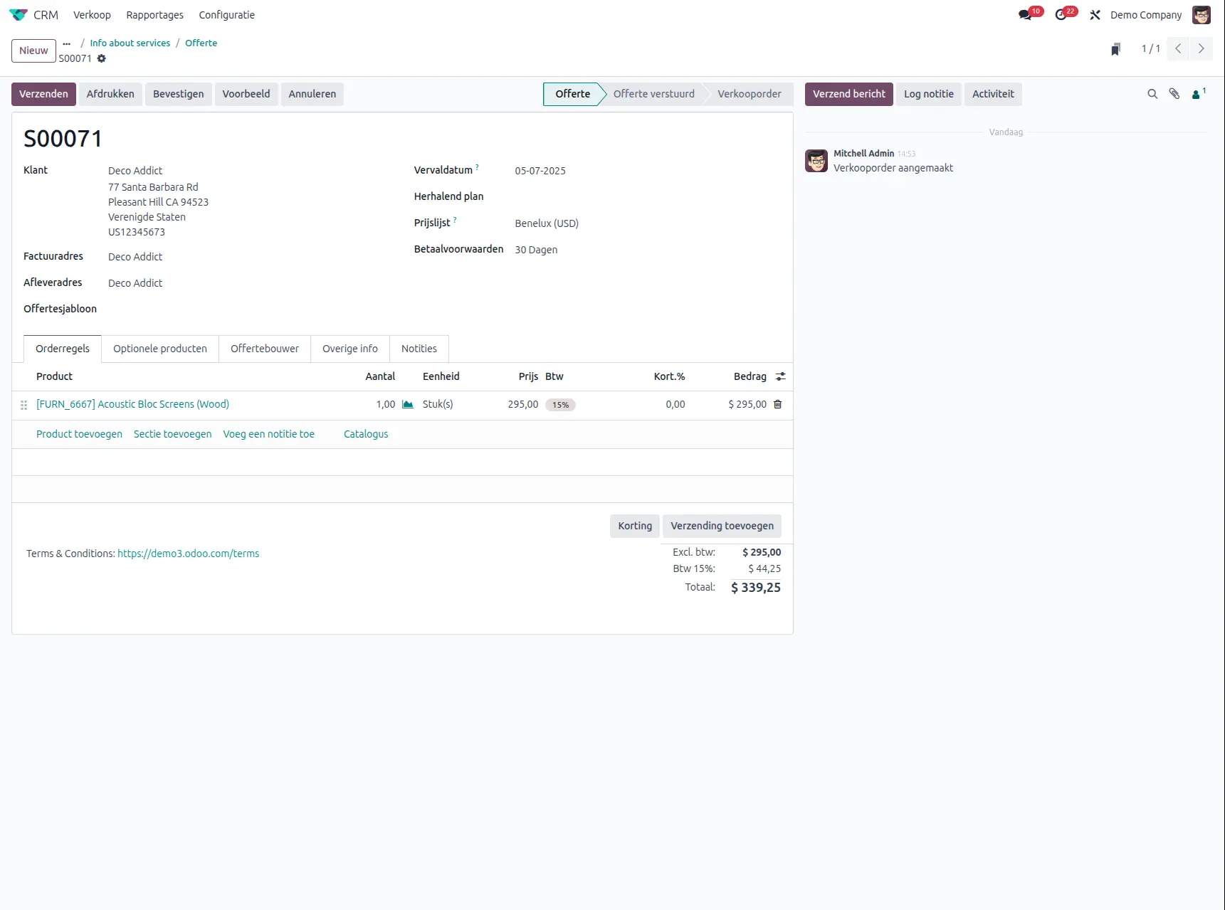 Odoo CRM app nieuwe offerte